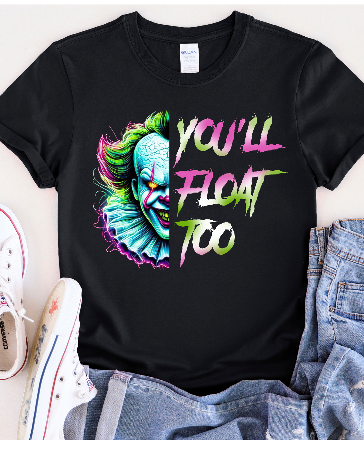 You'll Float Too Neon Horror T-Shirt