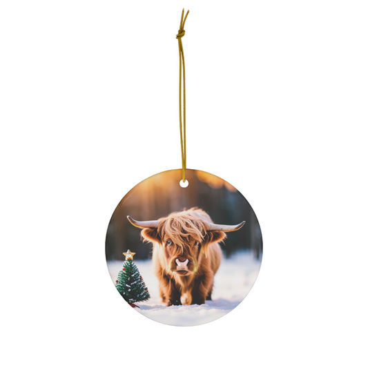 highland cow snowy christmas ceramic ornament