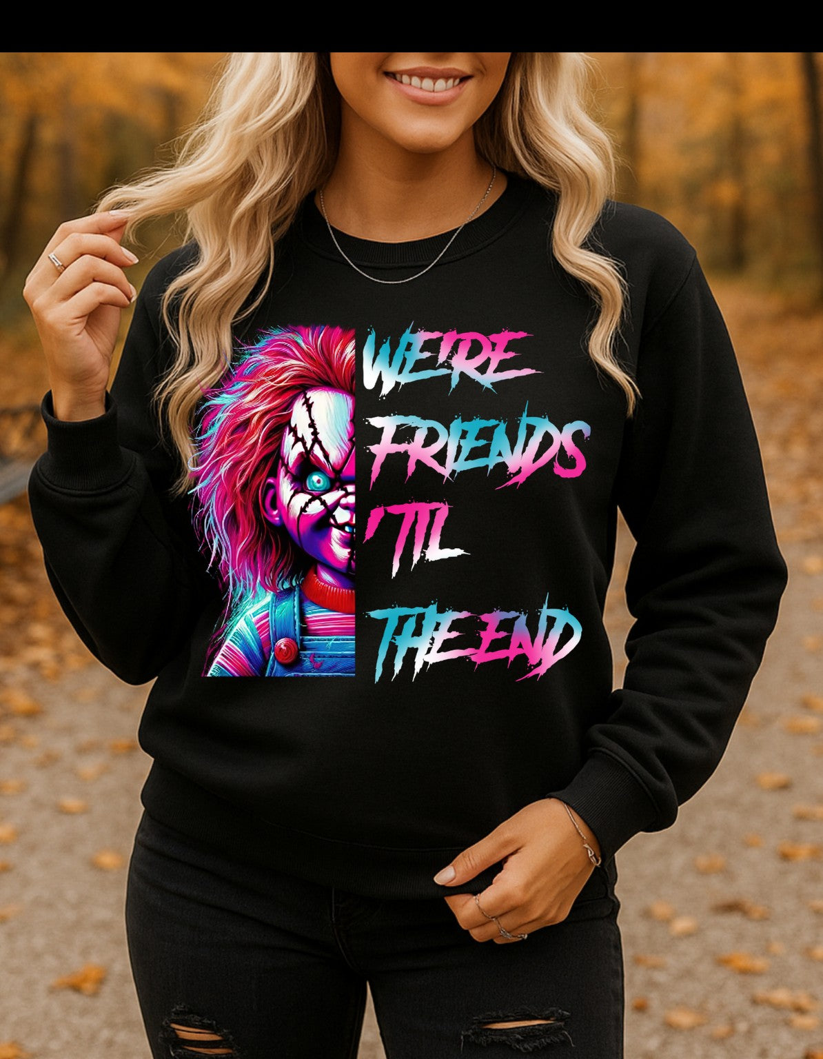 Friends Till the End Neon Horror Crewneck Sweatshirt