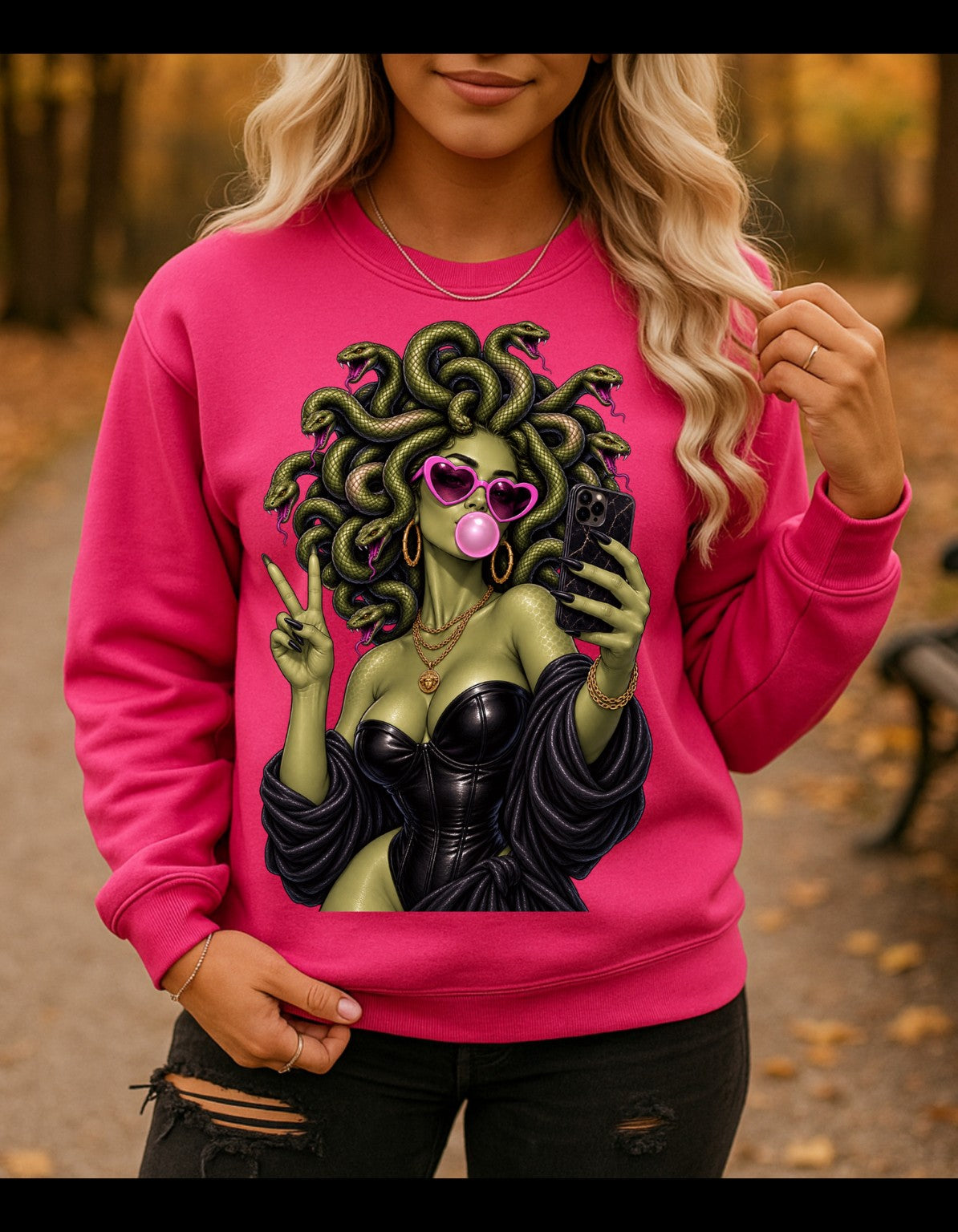 Medusa Selfie - Hot Pink Crewneck Sweatshirt
