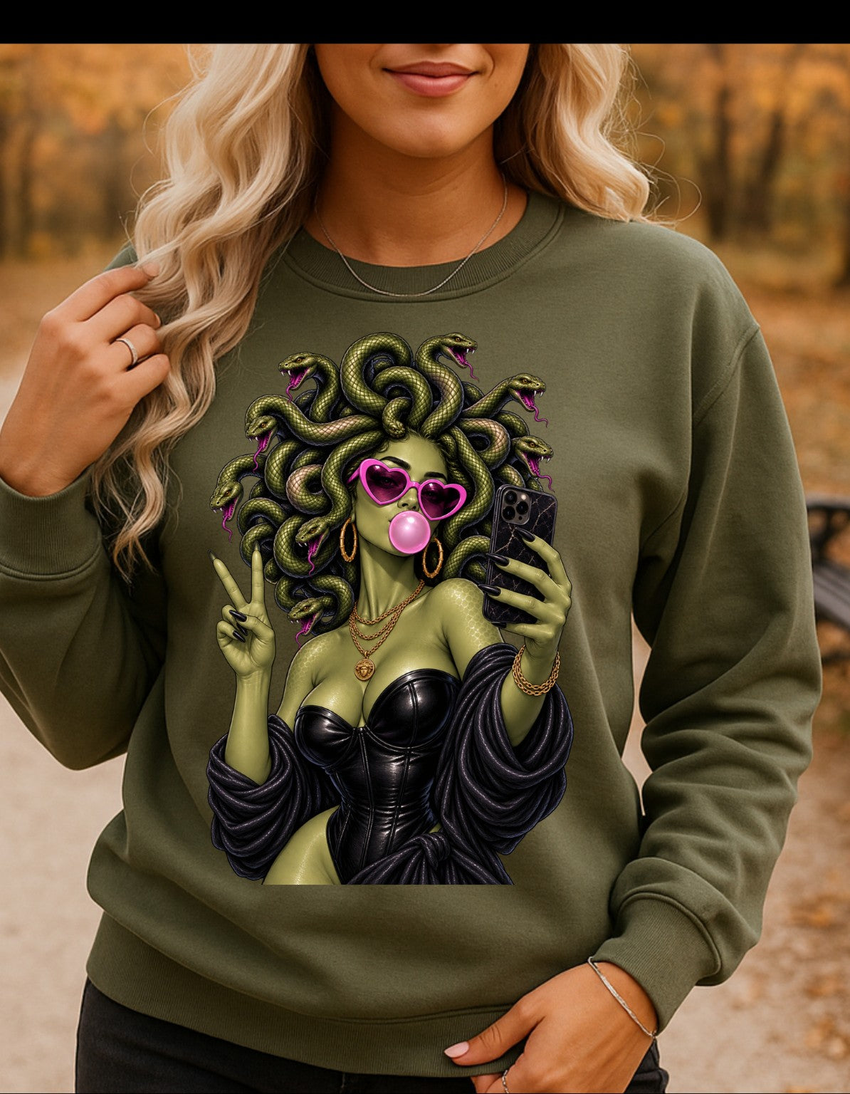 Medusa Selfie - Military Green Crewneck Sweatshirt