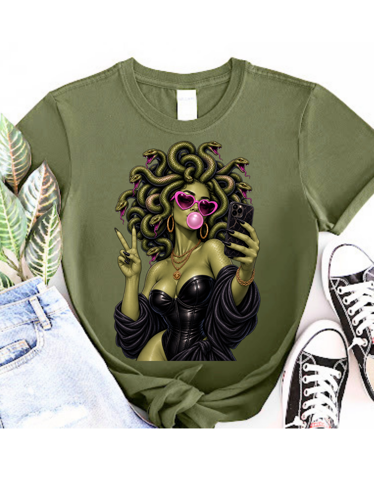 Medusa Selfie - Military Green T-Shirt
