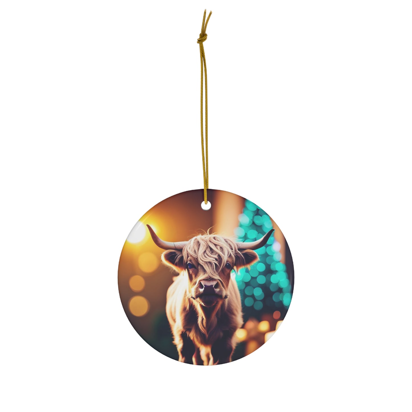 highland cow with tree ceramic ornament