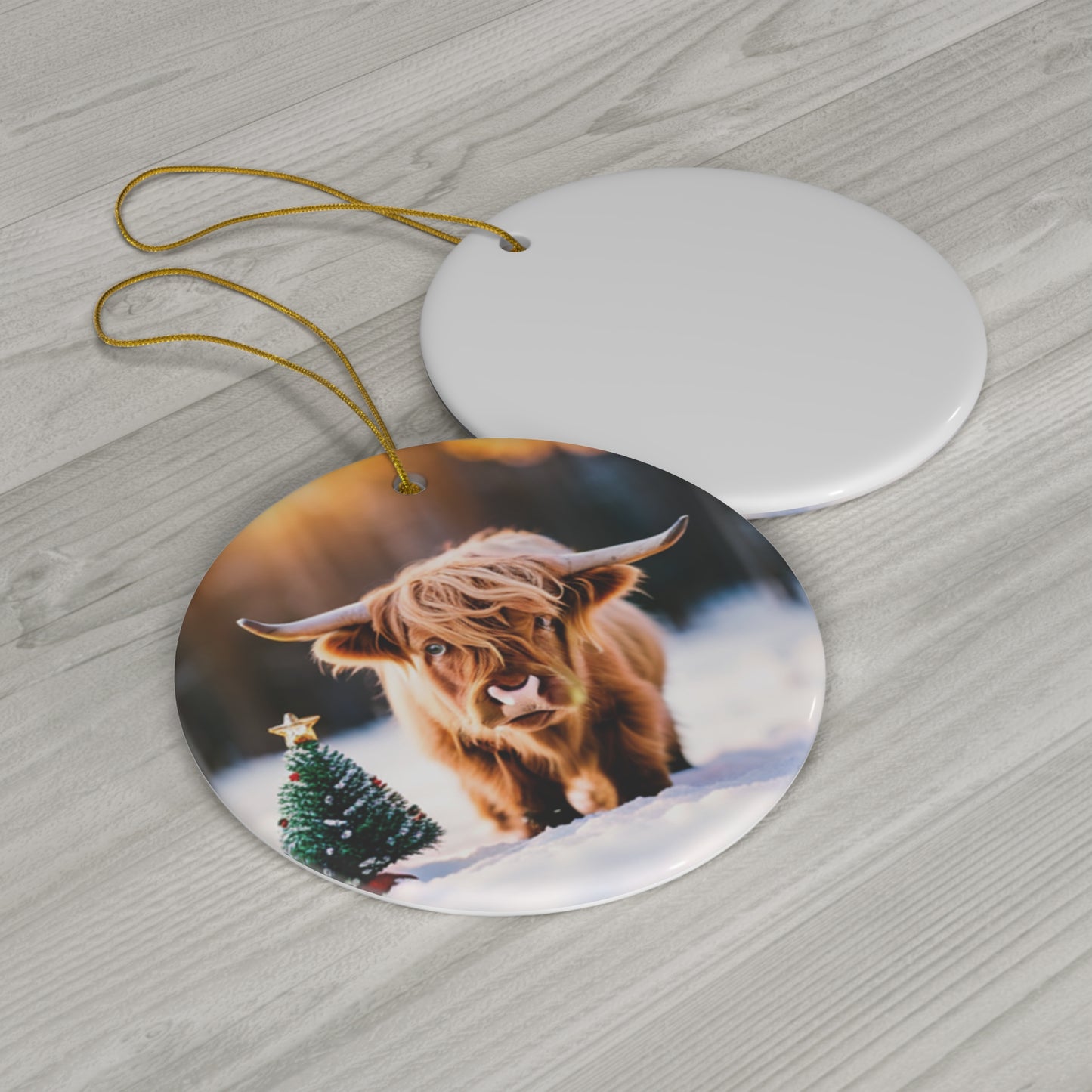 highland cow snowy christmas ceramic ornament