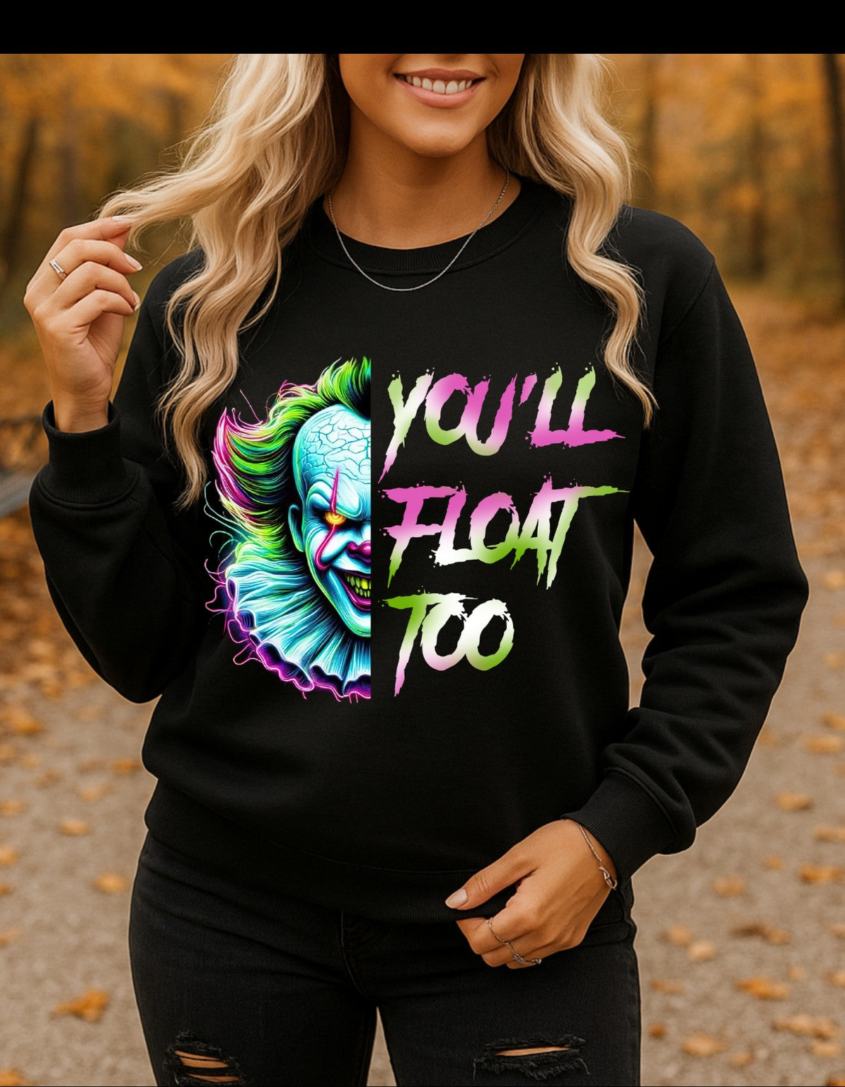 You'll Float Too Neon Horror Crewneck Sweatshirt